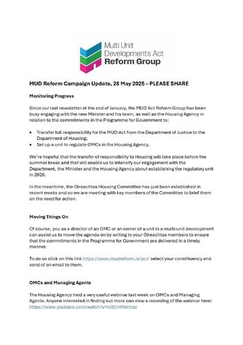 MUD Reform Campaign Update, 28 May 2025